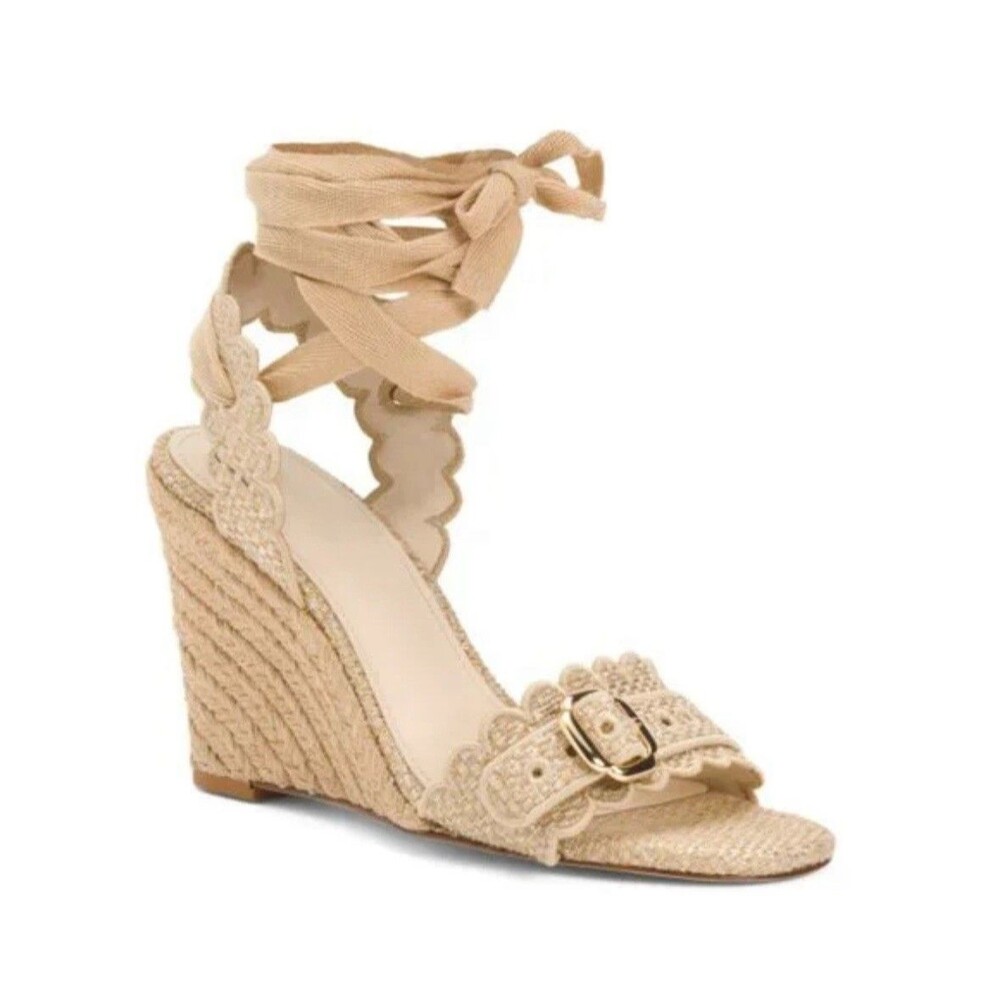 Larroude Beige Espadrille Wedge Sandals with Ankle Tie